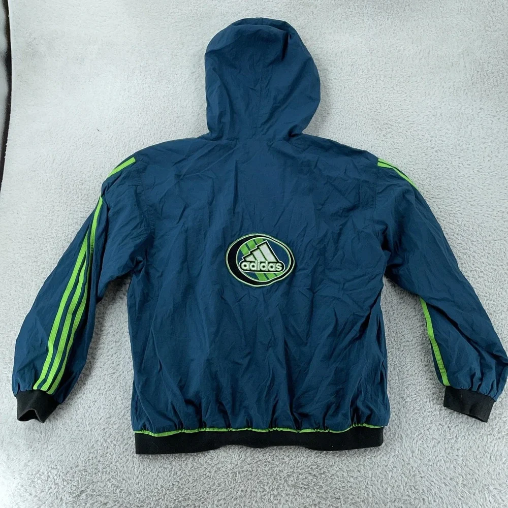 Vtg Adidas Hooded Windbreaker Jacket Mens L CROP FIT Blue Green Zip Three Stripe
